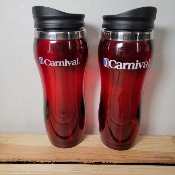Set of 2 Carnival Cruise Lines Transparent Red Tumblers w/ Lids - Picture 1 of 5